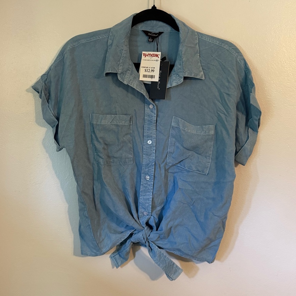 Blue Button-Up Shirt with Tie Front